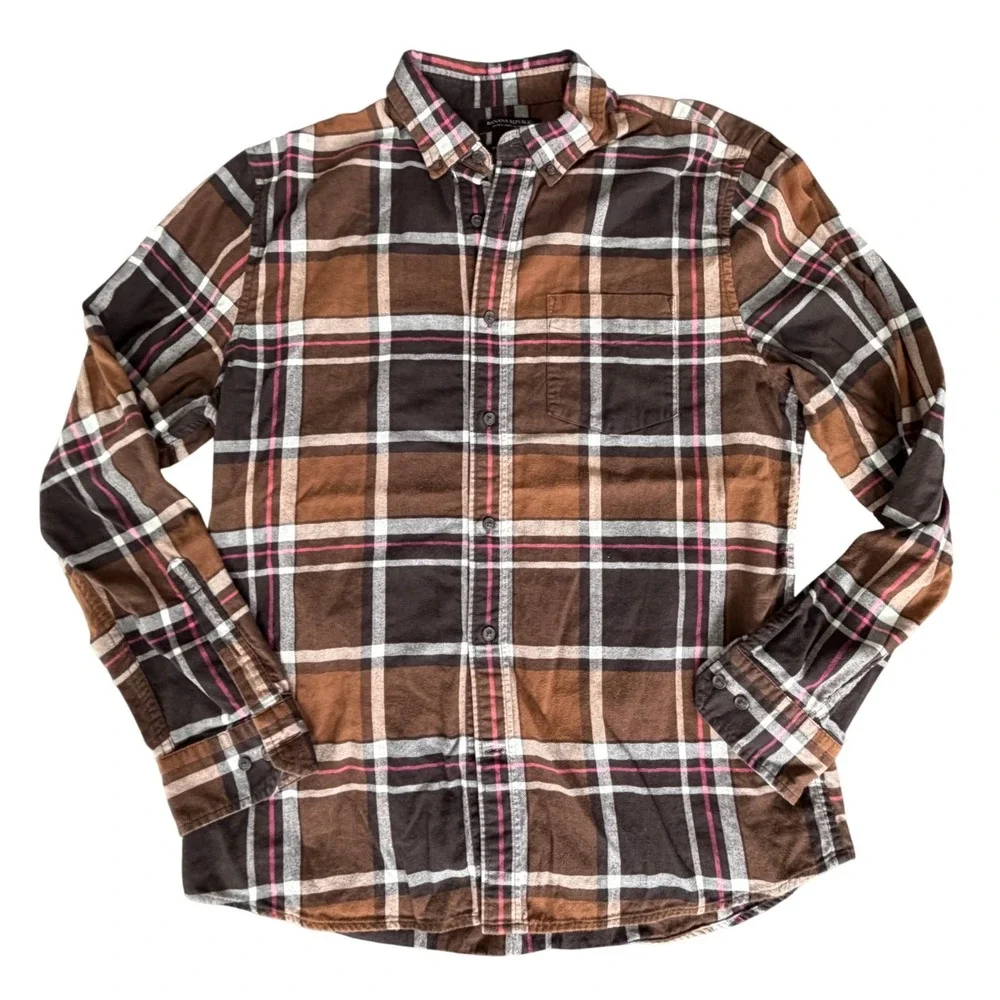 Banana Republic Ultra Soft Flannel Shirt Untucked Slim Fit Mens L Brown Plaid